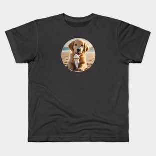 Cute Golden Retriever Puppy on a Beach With Ice Cream Kids T-Shirt